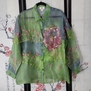 Sandy Starkman Embroidered Silk Applique Long Sleeve Button Up Shirt Size XL